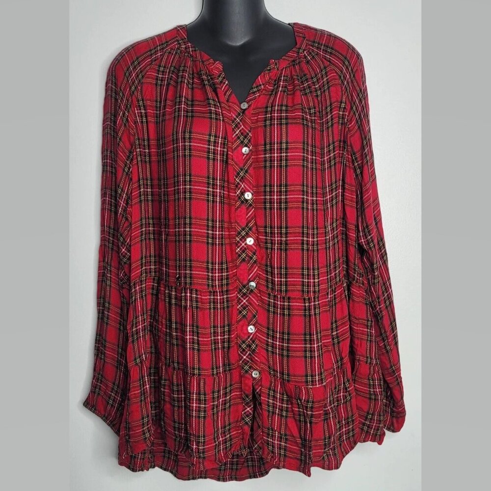 J Jill Womens M Long Sleeve Button Up Shirt Peplum Hemline Tartan Plaid Red
